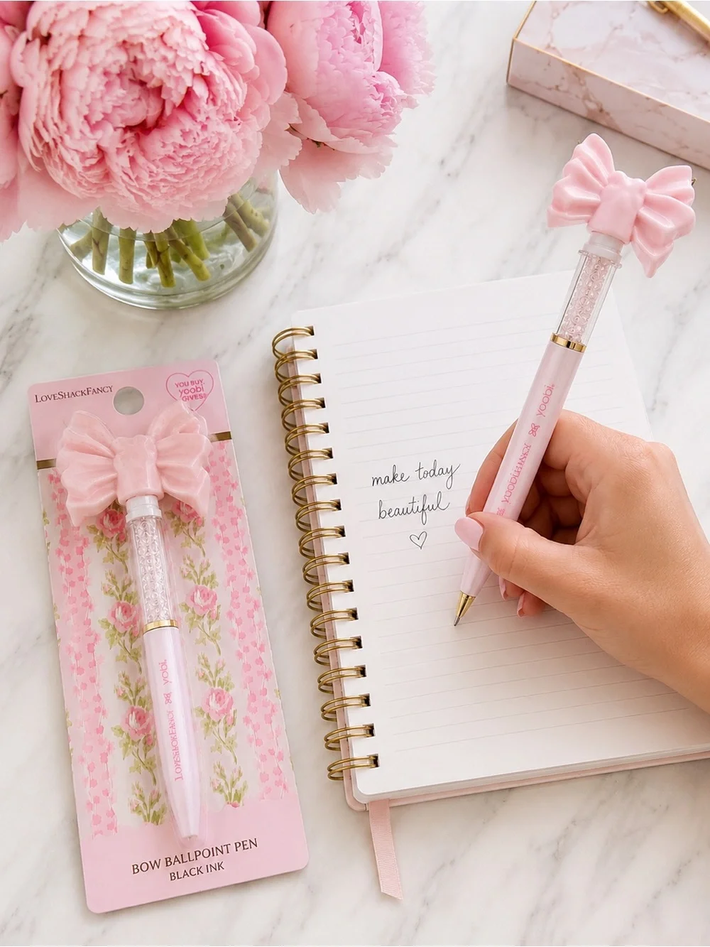 LoveShackFancy x Yoobi Crystal Bow Ballpoint Pen Floral Stationery NWT